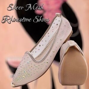 Pointed Toe Metal-Tipped Nude-Pink-Mesh Rhinestone Covered Ballet Shoes 9.5M